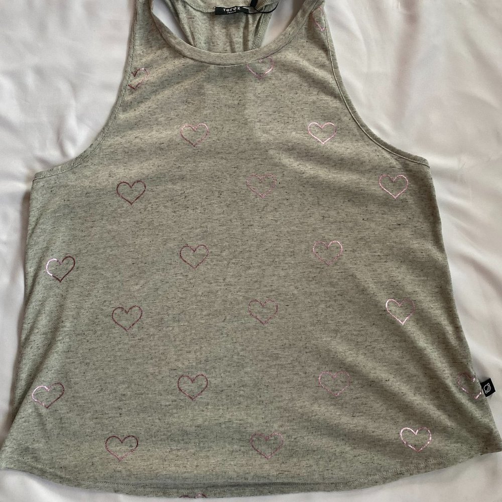 NWT Burnout Light Gray t-back tank top w/ glistening pink hearts - So Cute!